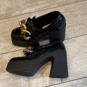 Stella McCartney Black Loafers with Gold and Silver Chain